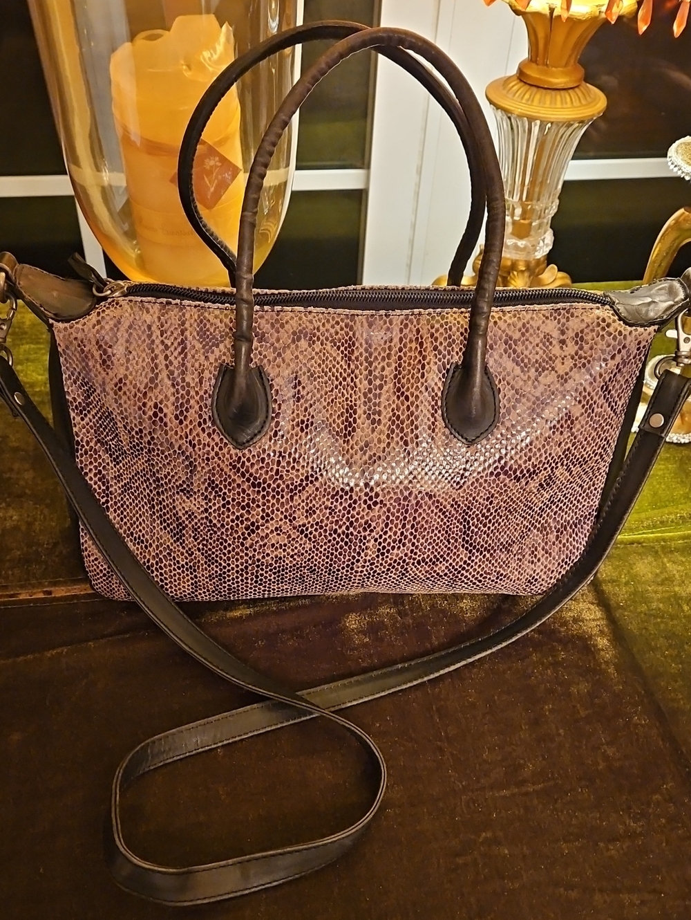 Chico's Genuine Leather Snakeskin Print Satchel Crossbody Shoulder Bag